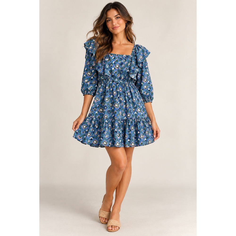 Michelle McDowell Blue Ikat Ruffle Tiered Mini Dress Square Neck 3/4 Sleeve M